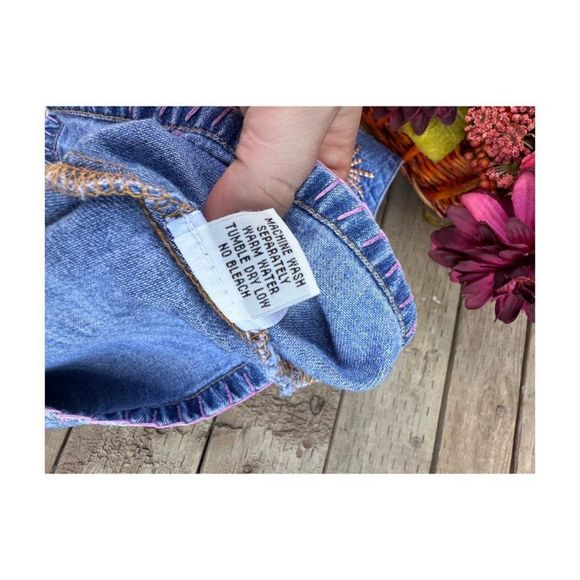 Vtg 90s Guess Jeans Denim Halter Dress Palm Tree Embroidery Pink Contrast Stitch - Picture 9 of 9